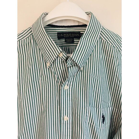 US Polo Assn. XL Cotton Blend Button Up Shirt Green White Stripes Horse Logo - Picture 2 of 16